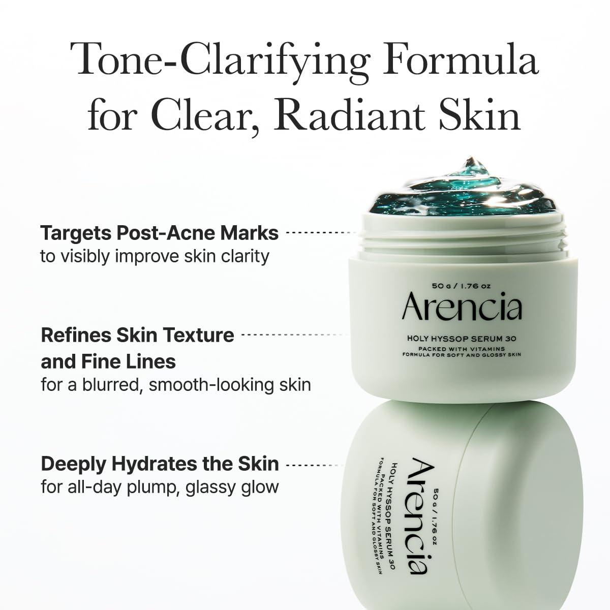ARENCIA jar open top view showing deep green serum and natural pigments