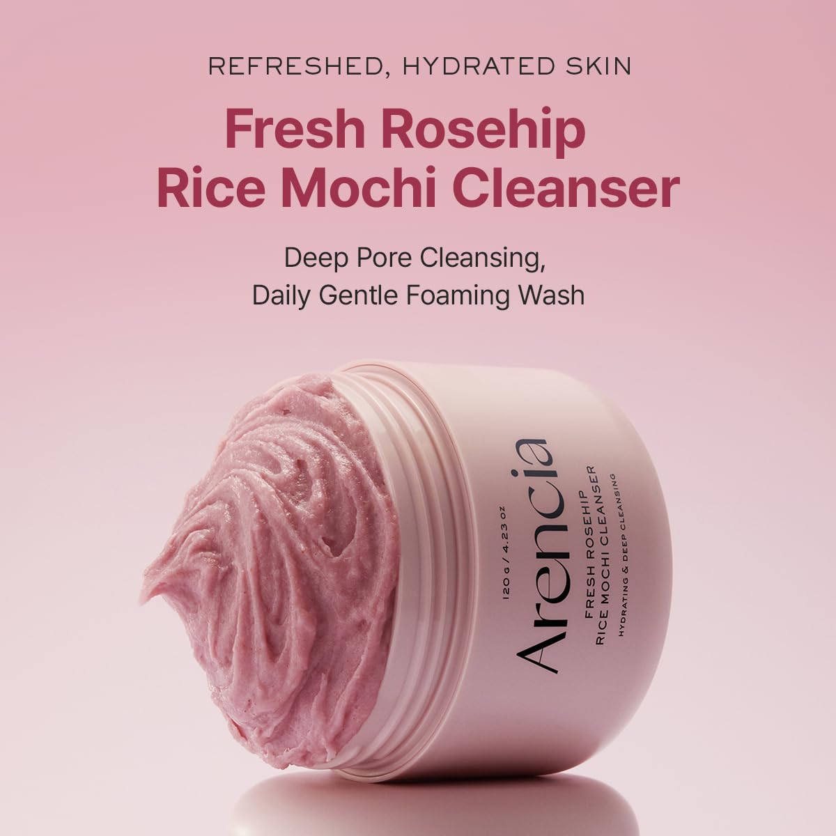 ARENCIA open jar showing creamy rice mochi texture, conveys gentle exfoliating feel