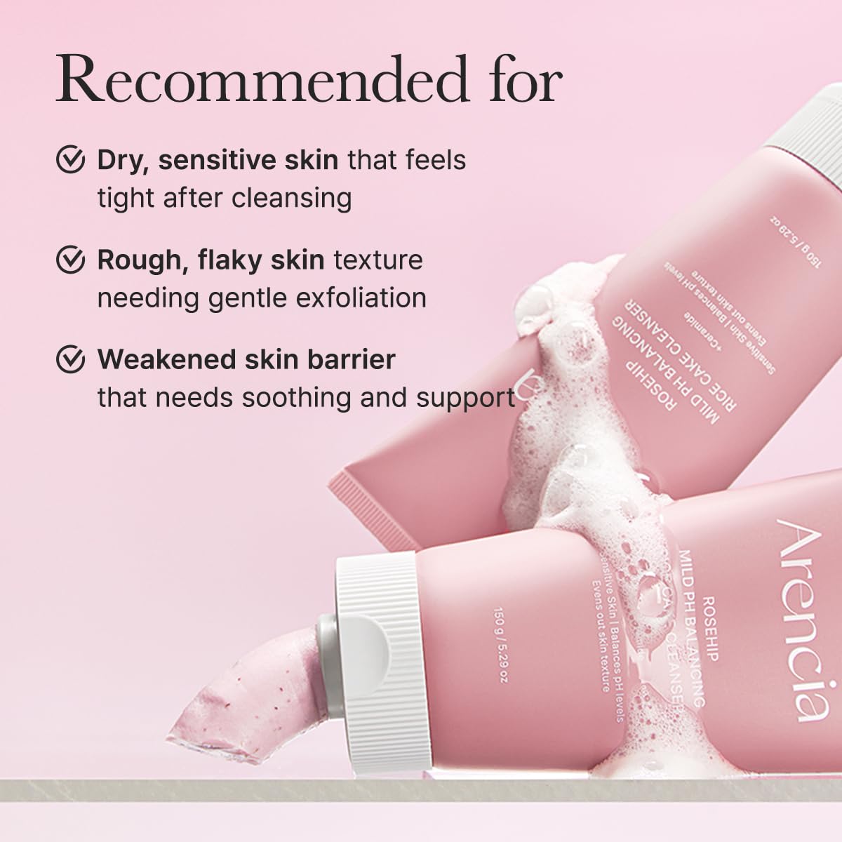 ARENCIA pump dispensing creamy cleanser on palm to show texture and hydrating feel