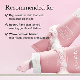 ARENCIA pump dispensing creamy cleanser on palm to show texture and hydrating feel