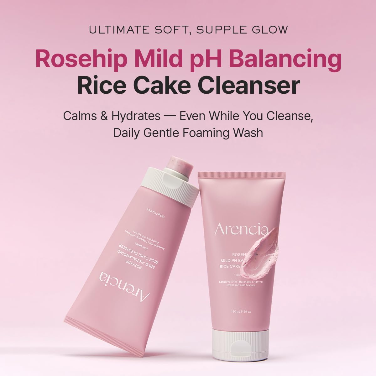ARENCIA close-up of soft rice-cake texture foam demonstrating gentle cleansing action