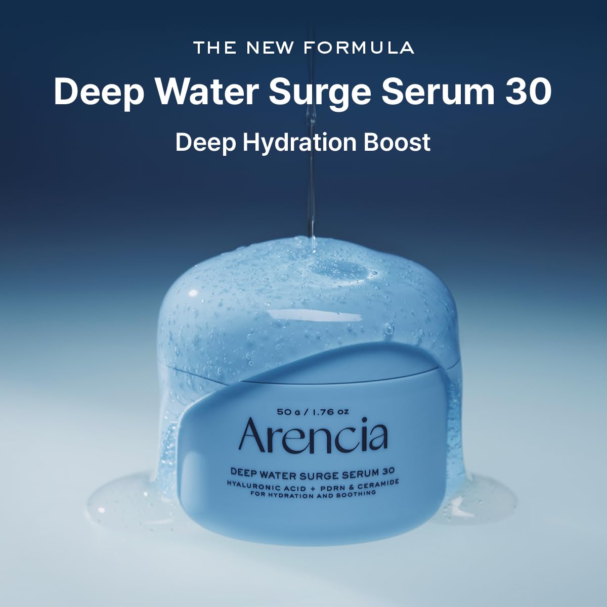 ARENCIA texture closeup of serum showing lightweight gel, highlights fast absorption