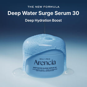 ARENCIA texture closeup of serum showing lightweight gel, highlights fast absorption