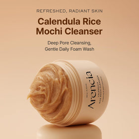 ARENCIA texture close-up highlighting rice mochi exfoliant and creamy moisture