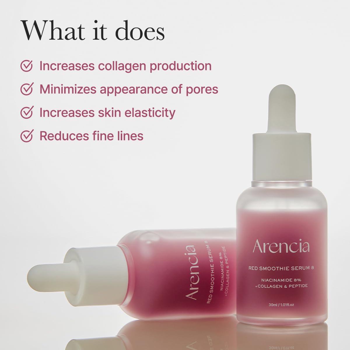 ARENCIA texture drop on fingertip showing silky serum finish and absorption