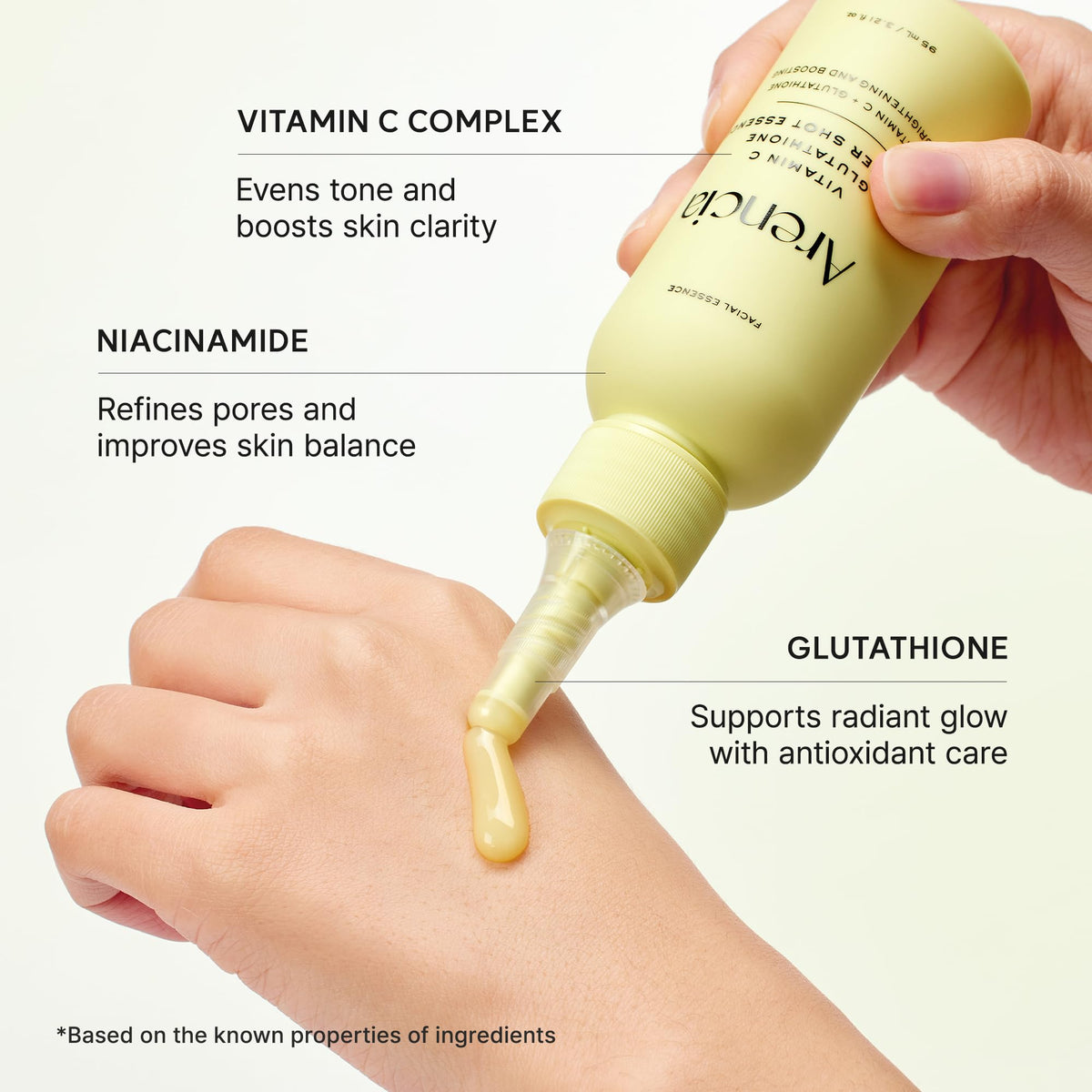 ARENCIA hand application showing a few drops absorbed quickly for easy layering benefit