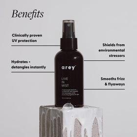 Arey Live In Mist spraying onto hair, delivers hydration and protection