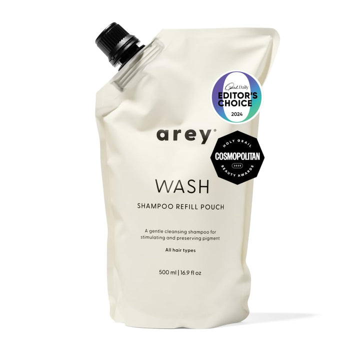 Arey refill pouch front view showing product name and benefits