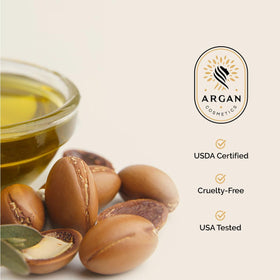 Argan Cosmetics being massaged into facial skin to show hydration and smoothing benefit