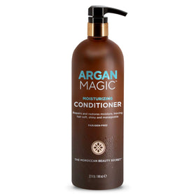 Argan Magic bottle on bathroom shelf in lifestyle setting for daily use