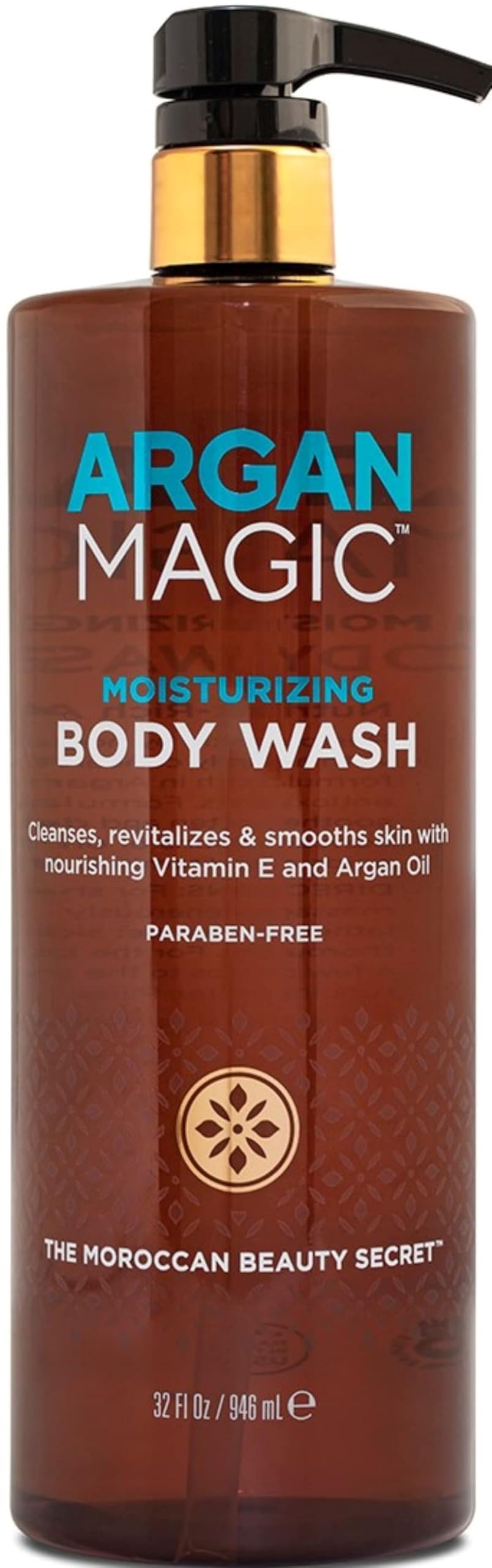 Argan Magic front packaging showing 32 oz bottle and brand benefits