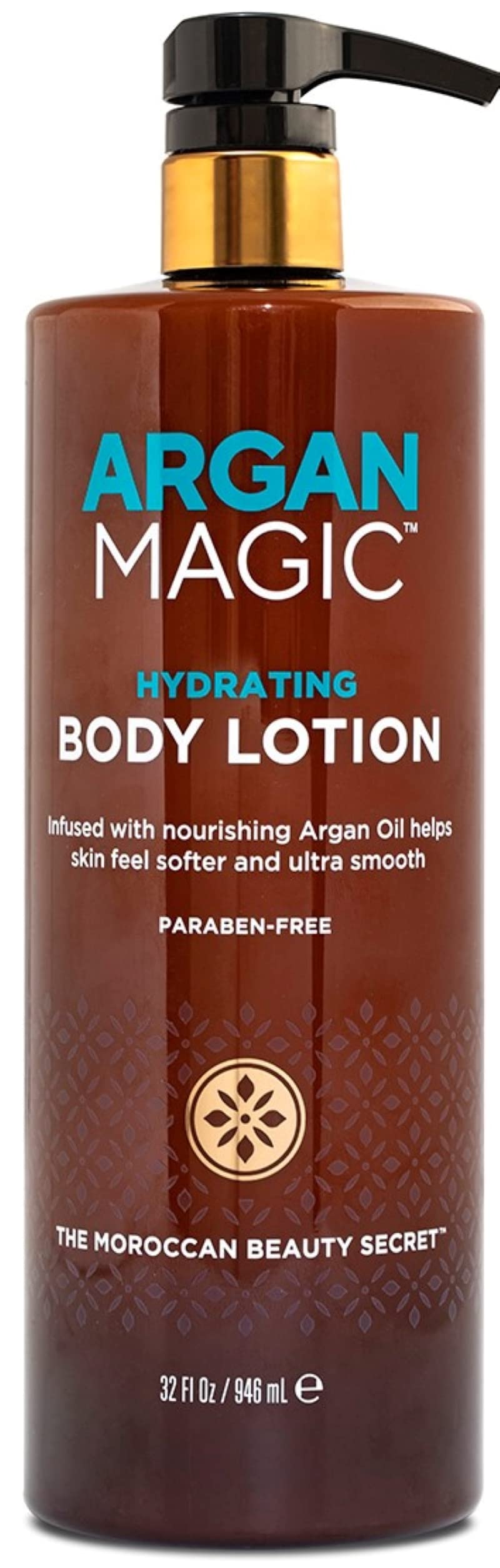 Argan Magic front packaging shows 32 oz jar and clear branding for long-lasting hydration