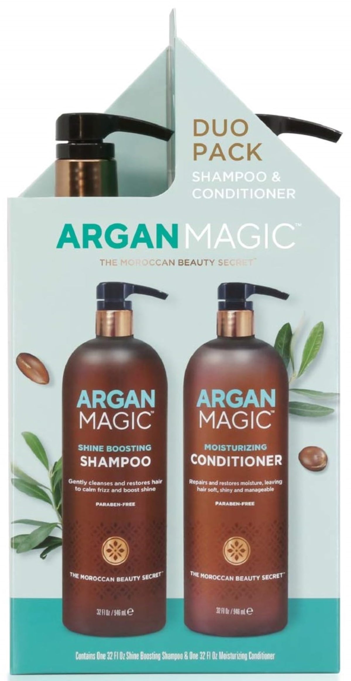 Argan Magic front packaging showing full 32 oz duet and benefits
