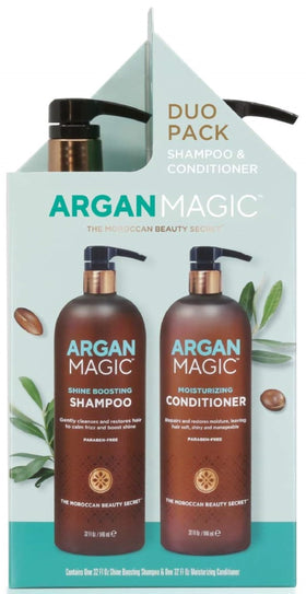 Argan Magic front packaging showing full 32 oz duet and benefits