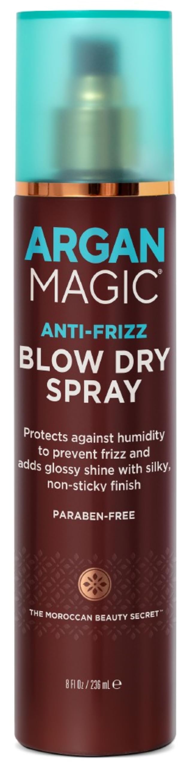 Argan Magic front spray bottle showing product and benefit of humidity protection