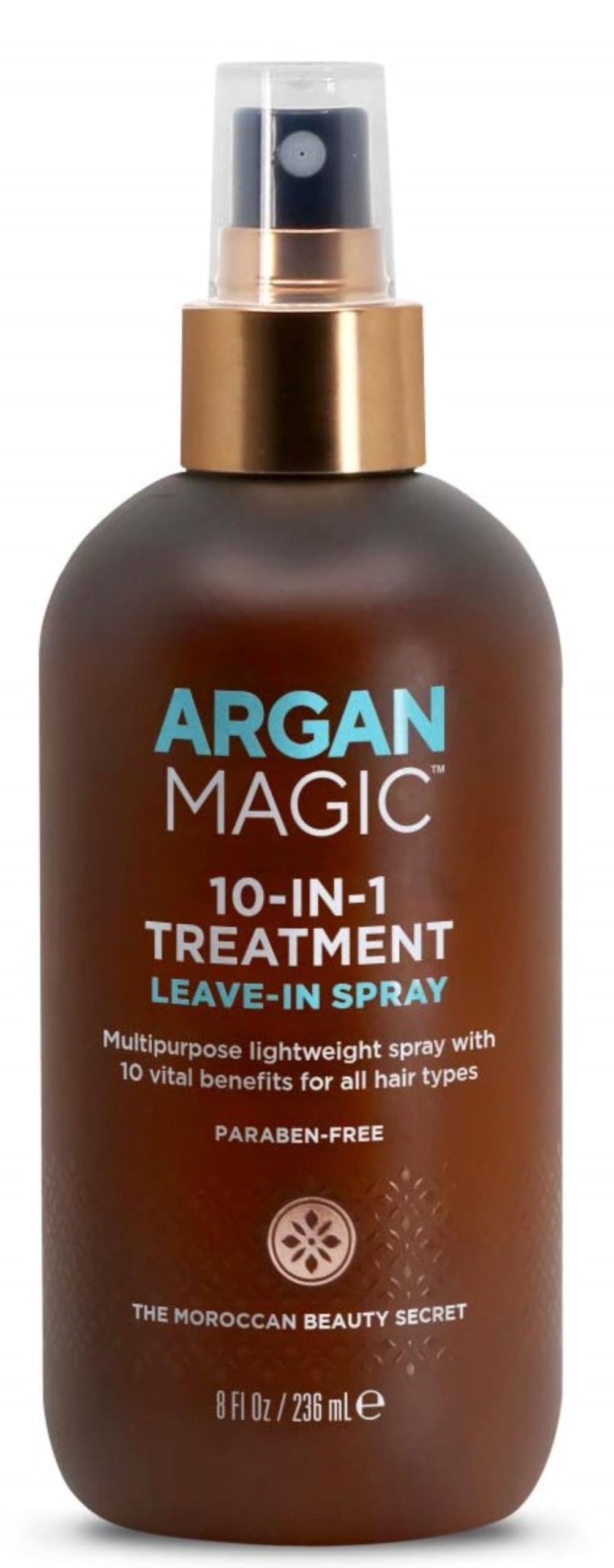 Argan Magic front packaging bottle showing label and spray nozzle benefit: clear product identity