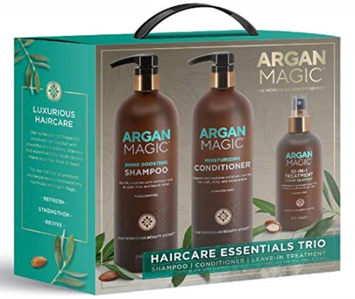 Argan Magic front packaging showing the trio and clear product benefits