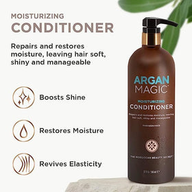 Argan Magic 10-in-1 leave-in spray bottle showing lightweight, non-greasy finish