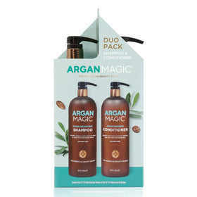 Argan Magic bottles on bathroom shelf lifestyle shot conveying everyday luxury