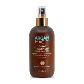 Argan Magic bottle on a bathroom shelf with towel and brush benefit: easy daily styling