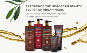 Argan Magic jar on bathroom shelf staged for daily routine promoting consistent hydration