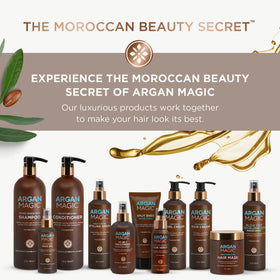 Argan Magic on bathroom vanity staged for daily routine, promoting radiant skin finish