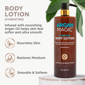 Argan Magic lotion being applied to hand showing quick absorption and smooth finish