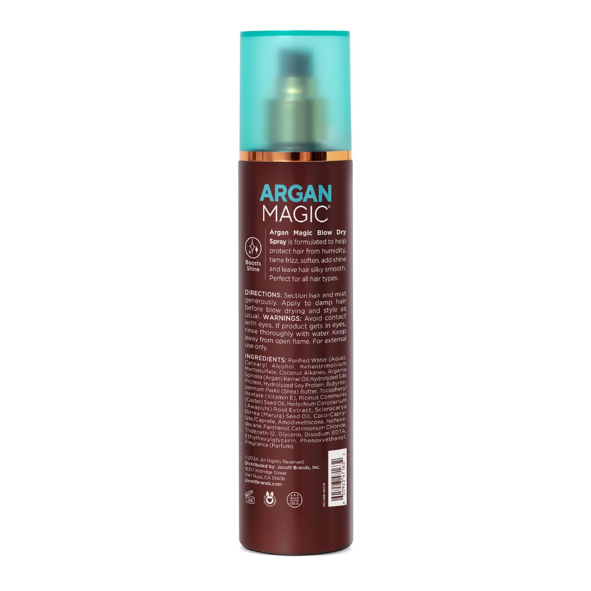 Argan Magic close-up nozzle and label highlighting paraben-free reassurance