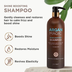 Argan Magic shampoo pump close-up illustrating easy dispensing and control
