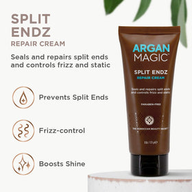 Argan Magic applied to hair ends, demonstrates targeted use and immediate frizz control benefit
