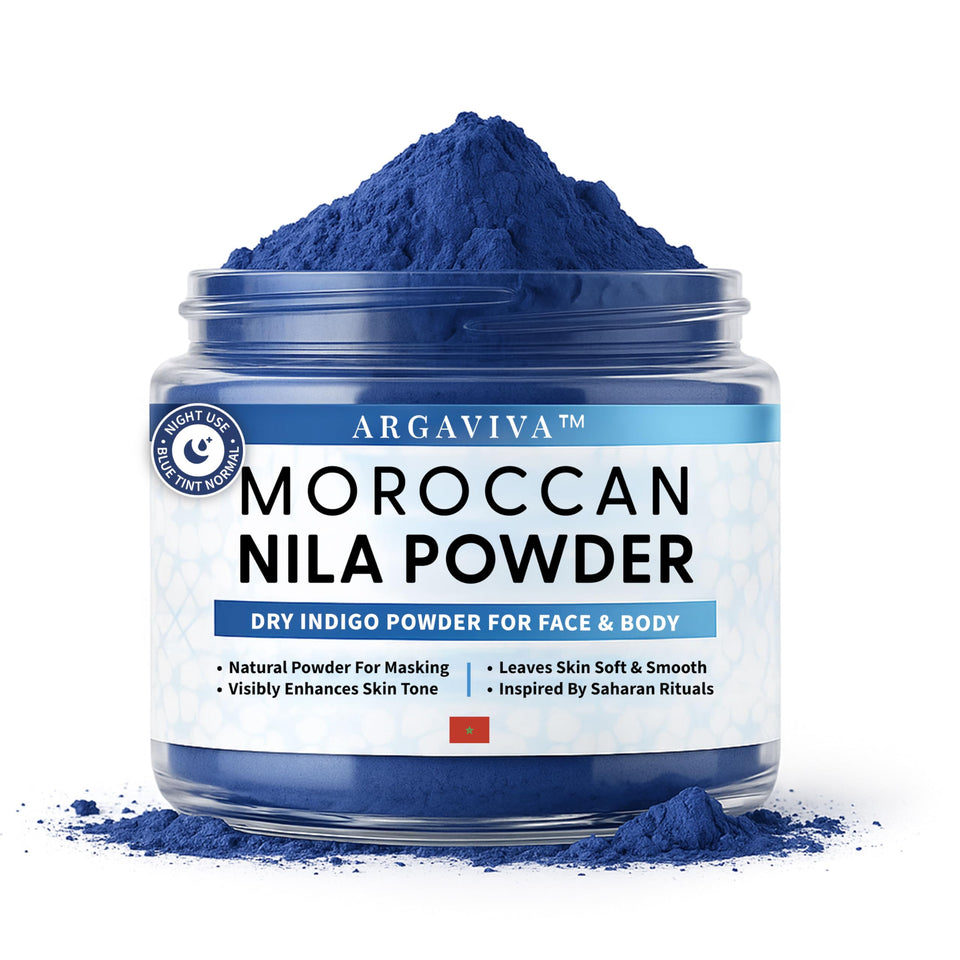 Argaviva front packaging showing blue nila powder for customizable skincare benefits