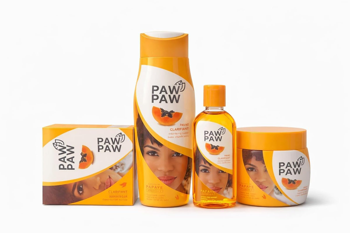 Arikit Paw Paw products arranged to show kit contents and step-by-step use benefits