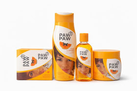 Arikit Paw Paw products arranged to show kit contents and step-by-step use benefits