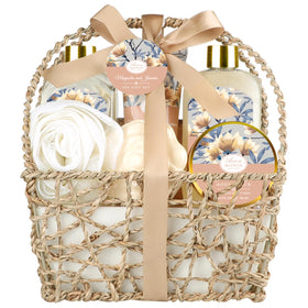 ArioseMonde woven basket front view showing complete spa kit — elegant ready-to-gift presentation