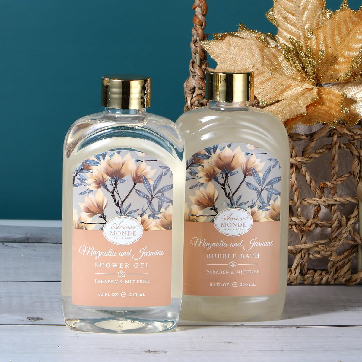 ArioseMonde spa products arranged on bathroom shelf demonstrating cohesive daily routine