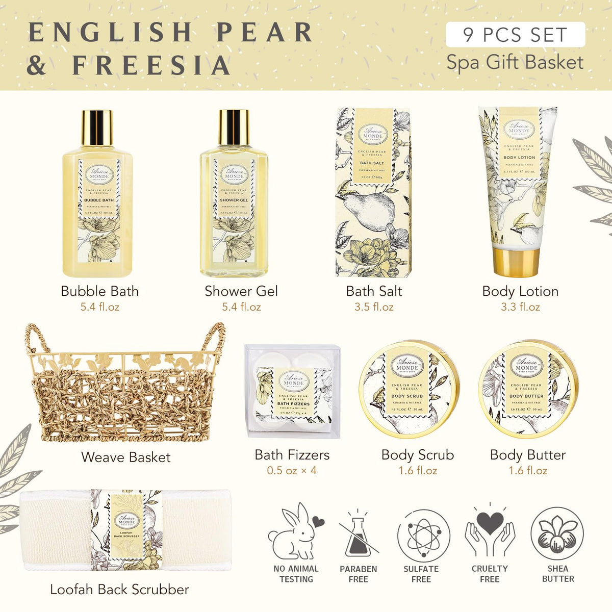 ArioseMonde shower gel and lotion labels visible for scent and usage