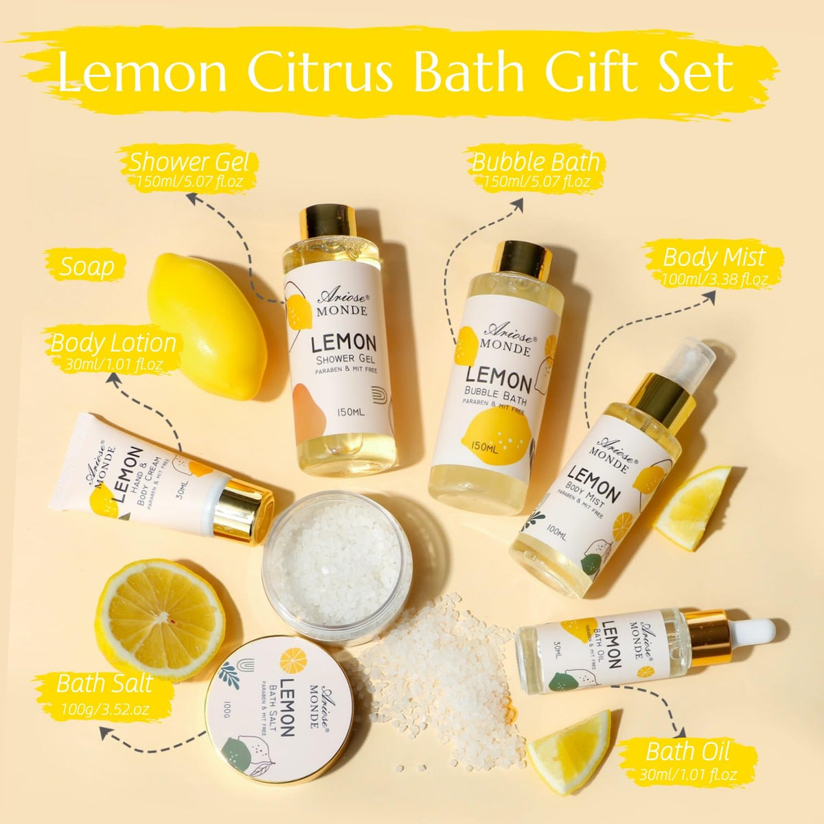 ArioseMonde shower gel pump close-up highlighting easy dispensing and lemon freshness