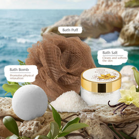 ArioseMonde bath salts poured into bowl for a relaxing aromatic soak