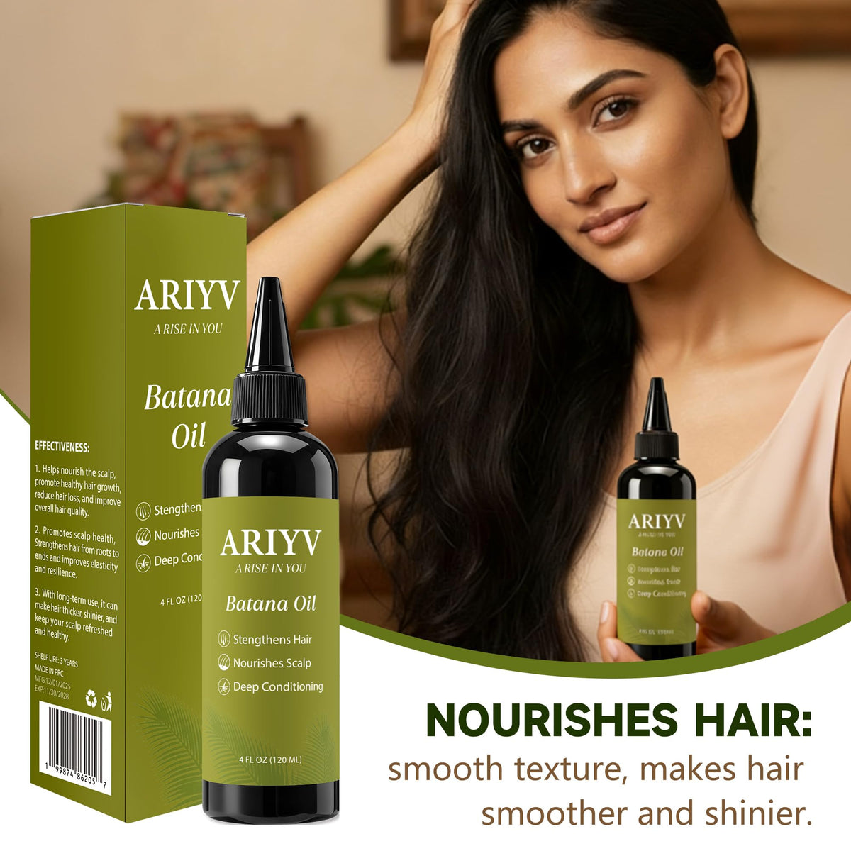 Ariyv before-and-after hair lengths showing improved thickness and shine