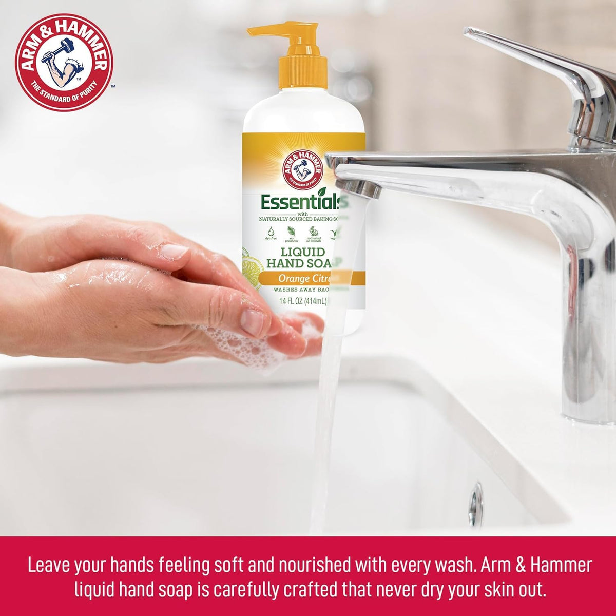 Arm & Hammer label close-up highlighting ingredients and moisturizing benefit