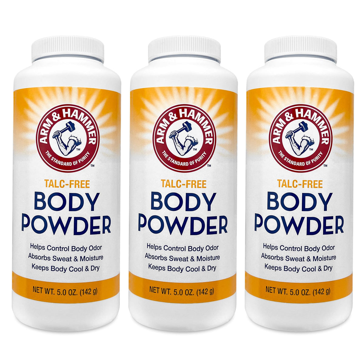 Arm & Hammer front packaging showing three talc-free powder cans and brand benefit