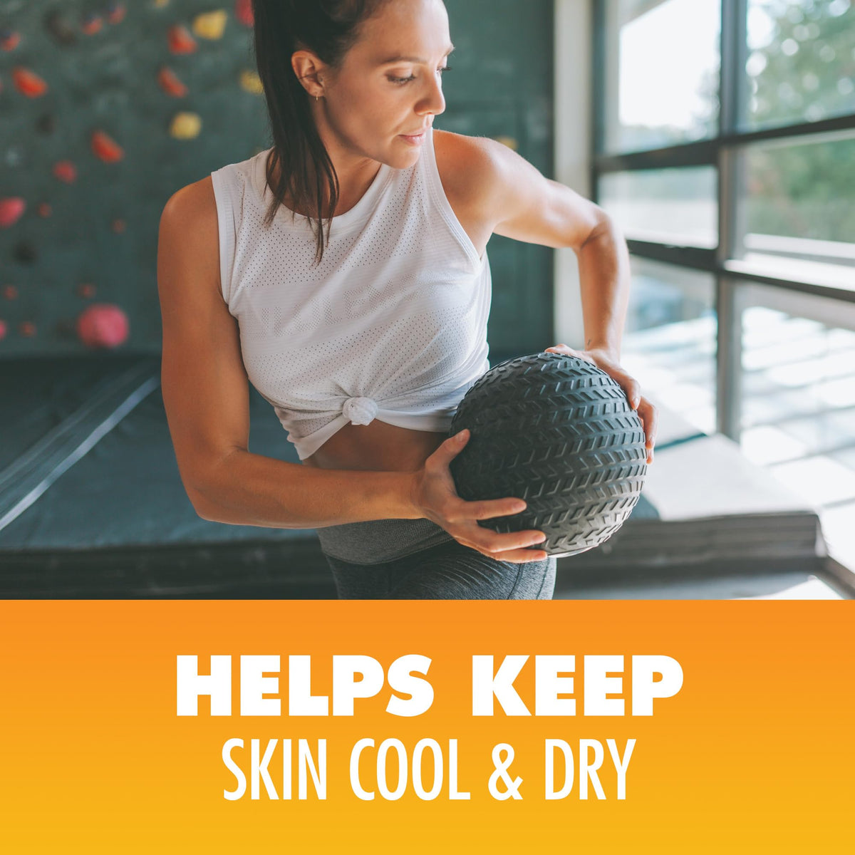 Arm & Hammer powder being applied to skin showing quick moisture control benefit