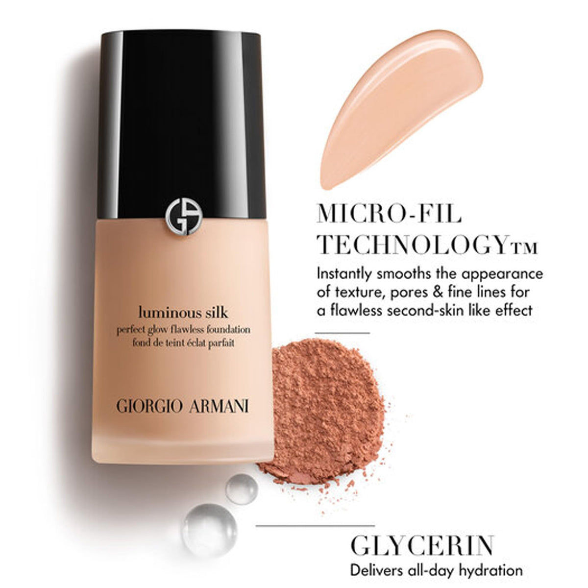 Armani Beauty Luminous Silk in mirror lifestyle scene showing polished radiant complexion benefit
