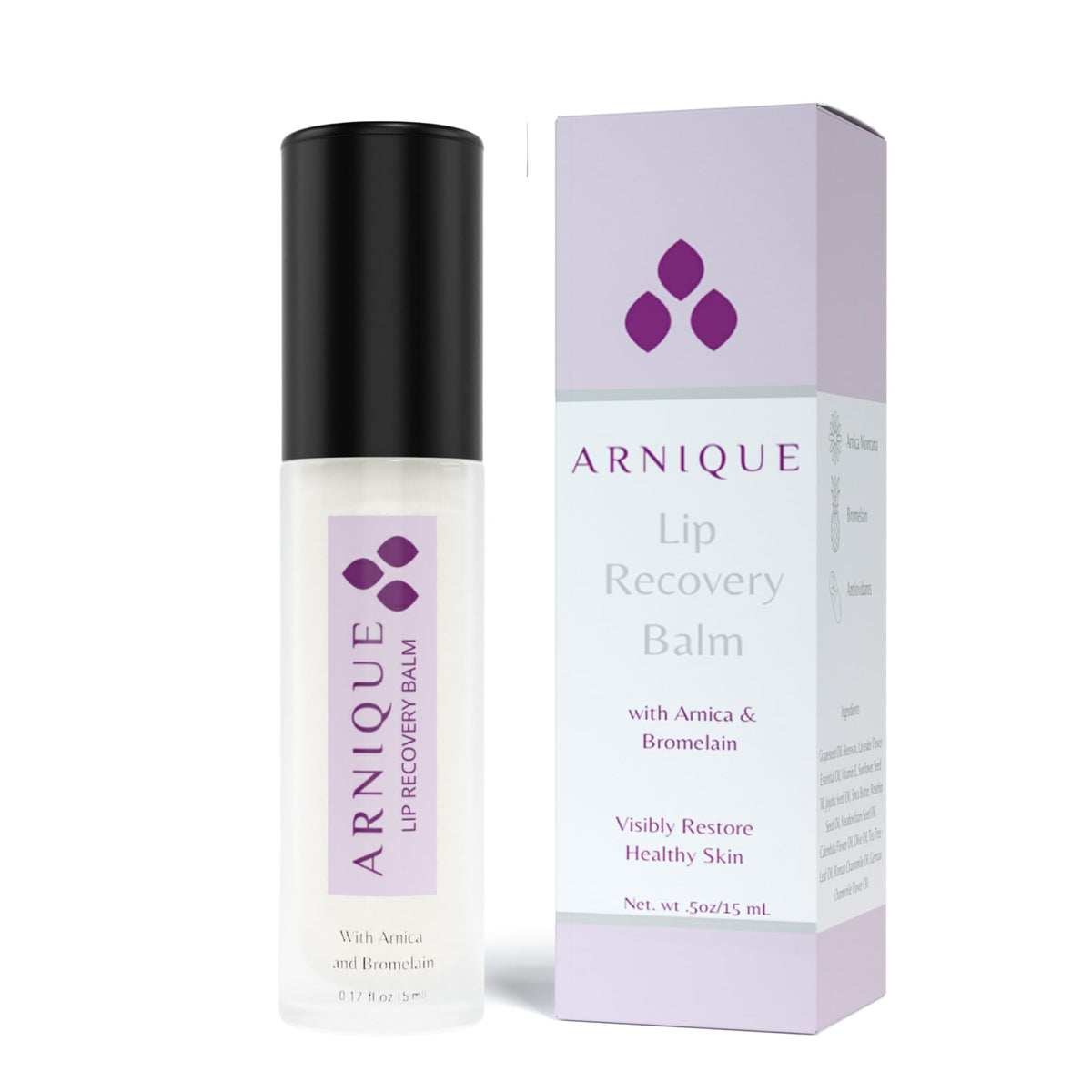 Arnique on a nightstand beside moisturizer illustrating bedtime lip care routine