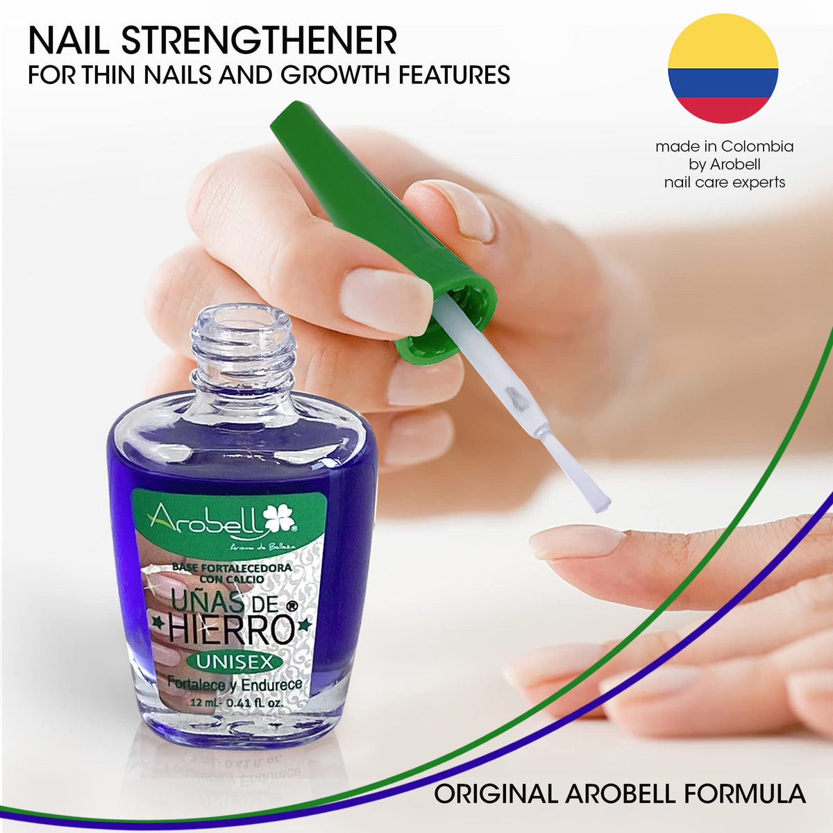 Arobell being applied at vanity showing easy daily nail-care routine benefit