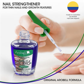Arobell being applied at vanity showing easy daily nail-care routine benefit