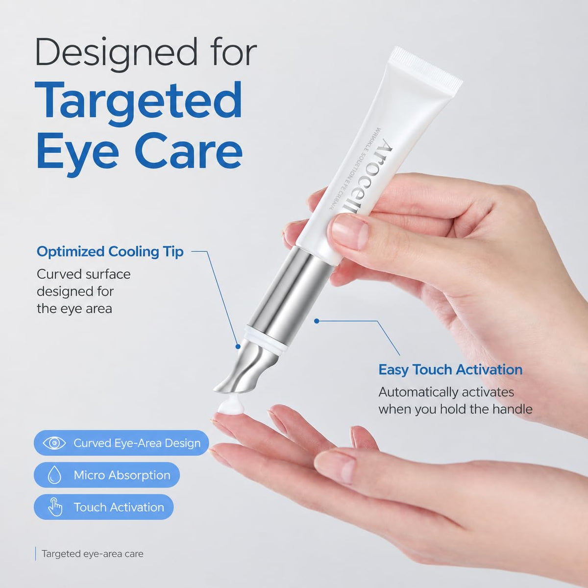 AROCELL OFFICIAL application demo under eye demonstrating massage action to reduce puffiness