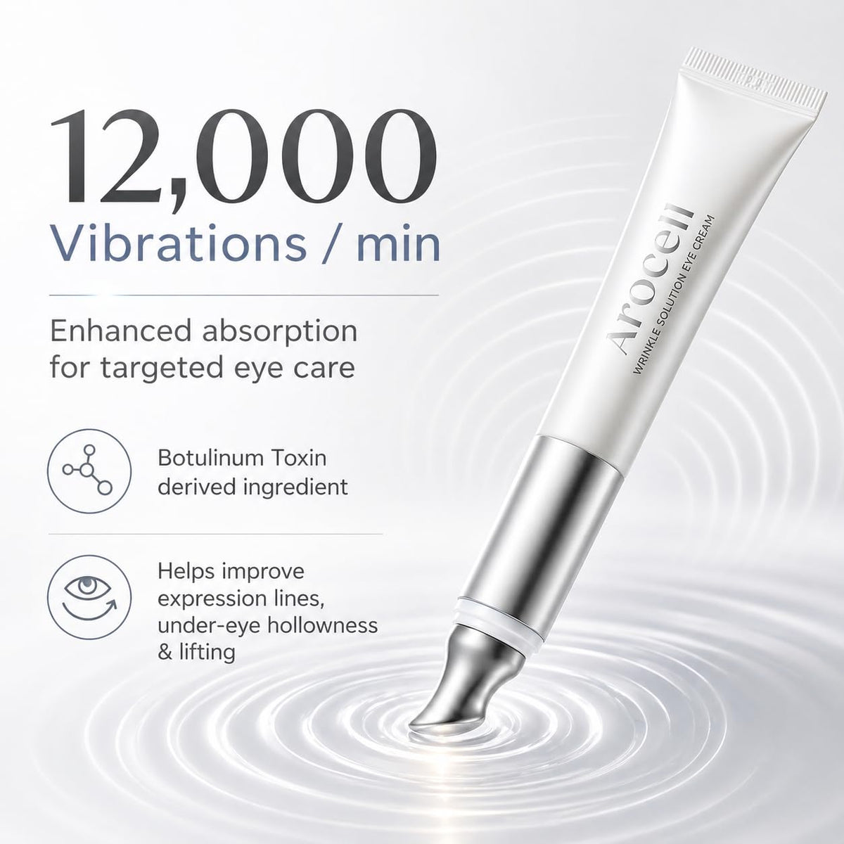 AROCELL OFFICIAL vibrating applicator closeup illustrating gentle micro‑sonic tip for better absorption