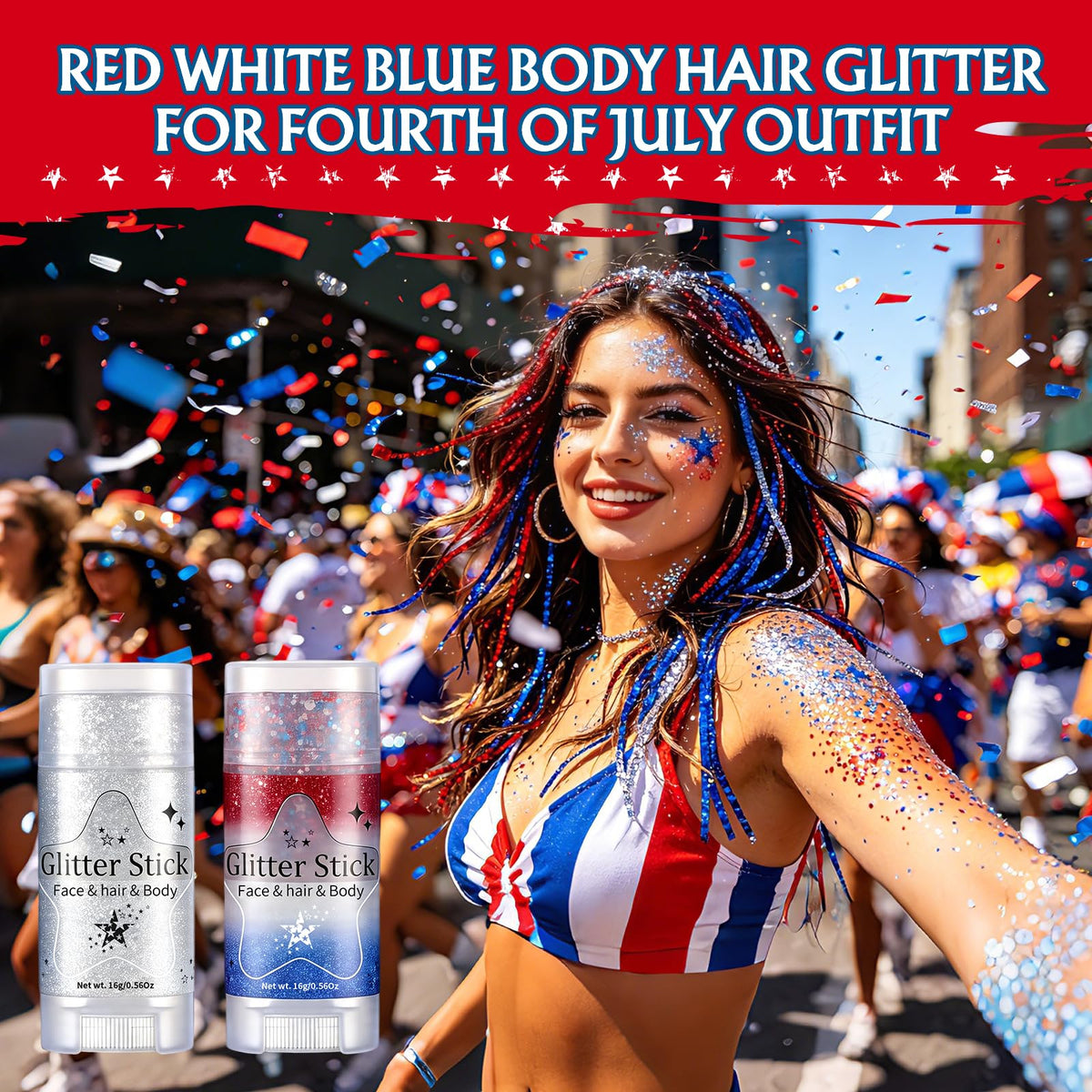 AROIC blue glitter on hair strand adding a bold highlight for celebrations