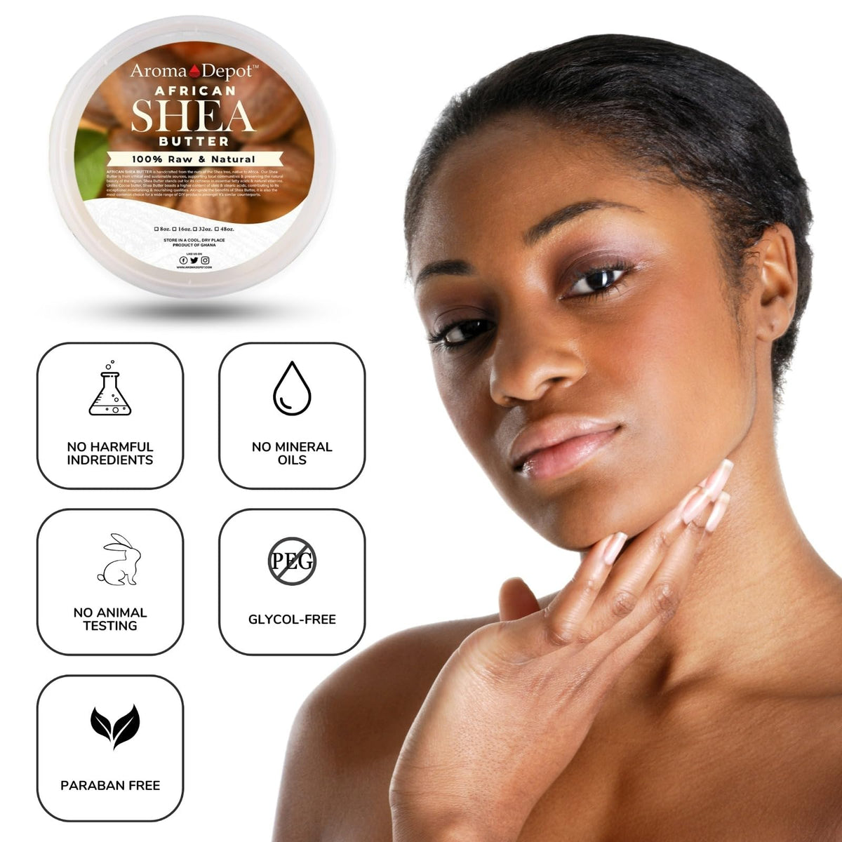 Aroma Depot open jar displaying smooth ivory shea butter texture for moisturizing use